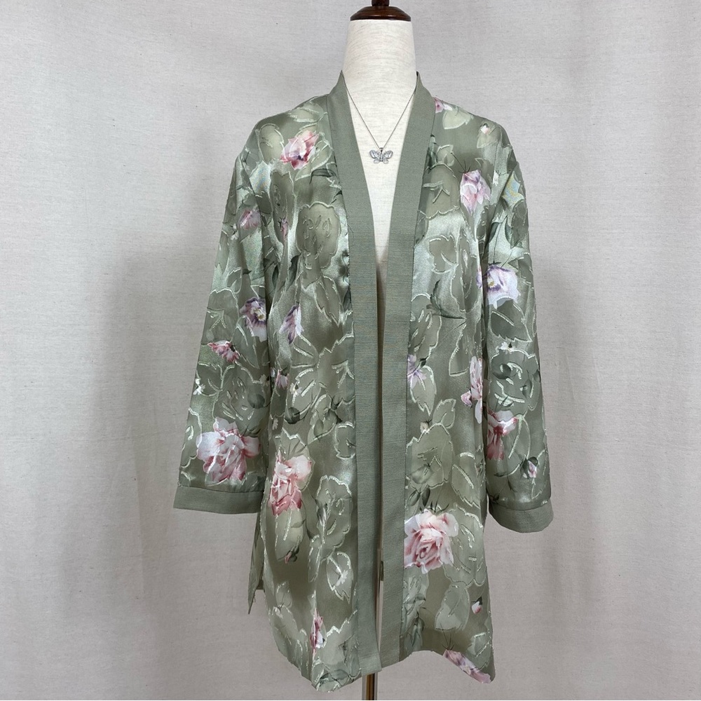 Dress Barn Green Floral Print Kimono Over-Layer Top